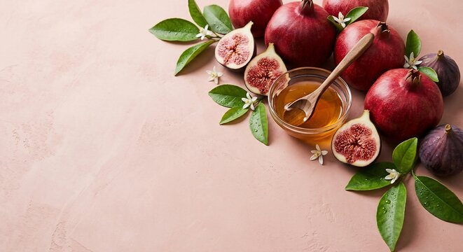 Fresh pomegranate and ripe fig composition with honey on a pink surface