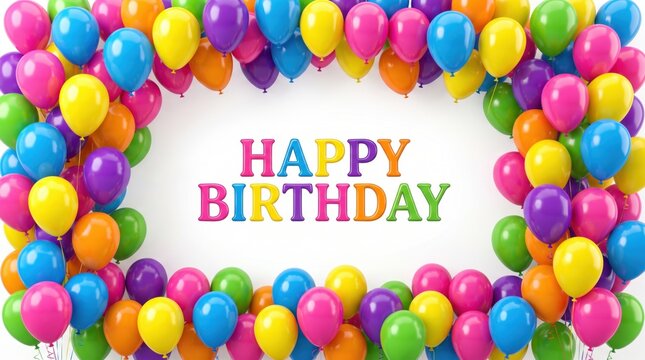 A festive border of colorful balloons frames the words Happy Birthday in bright letters.