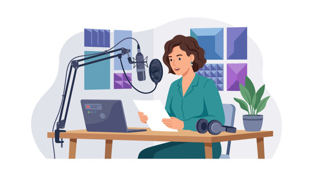 Radio host reading script into microphone.