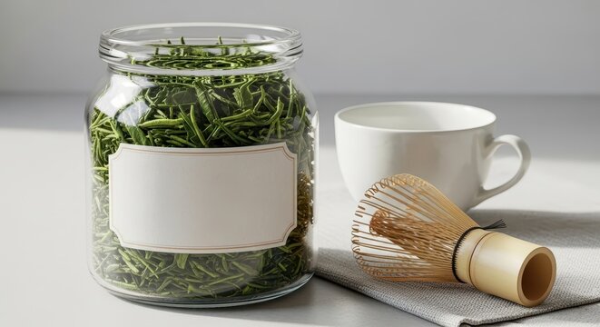 Glass jar of dried green tea leaves with whisk and cup.