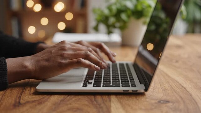 Hands typing laptop keyboard, focus and dedication evident digital work and online communication with technology and computer, shallow depth of field with bokeh lights adding warmth, conveying sense
