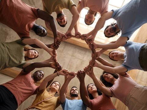 Multiethnic group of people holding hands together in a circle