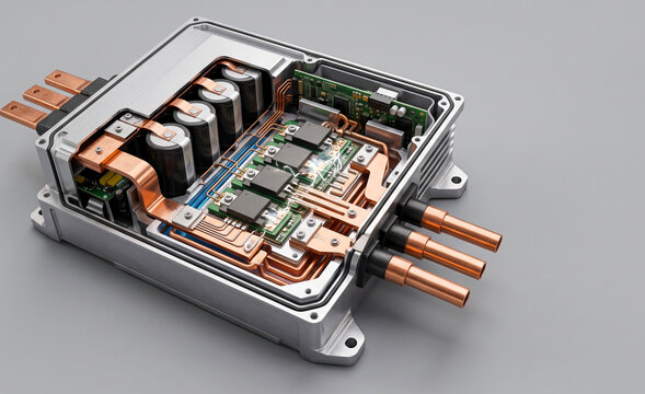3D Cross-Section of an Electric Vehicle Motor Controller Revealing Internal Power Electronics and Copper Busbars