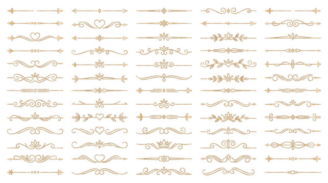 Gold ornamental line dividers and text separators set for design.