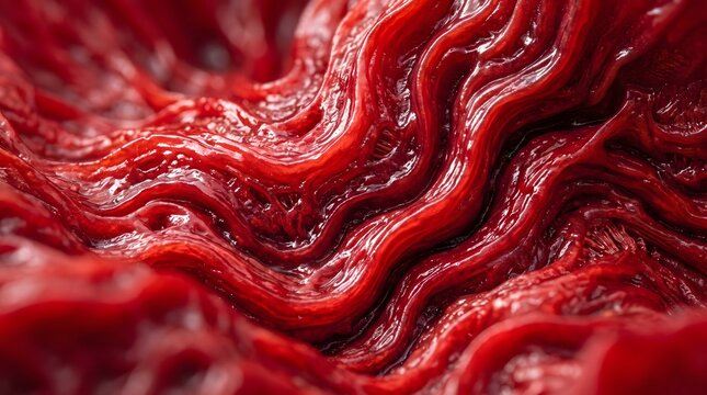 The image displays a high-magnification, glossy abstract texture resembling undulating crimson muscle fibers or organic fluid tissue