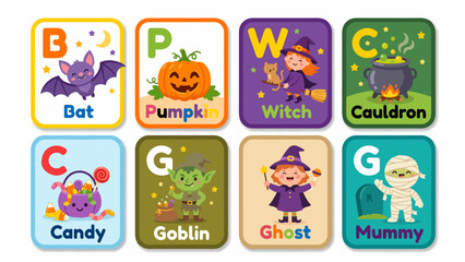 Fototapeta premium Halloween educational flash cards vector set with alphabet letters, cute cartoon monsters, and vocabulary words for kids learning