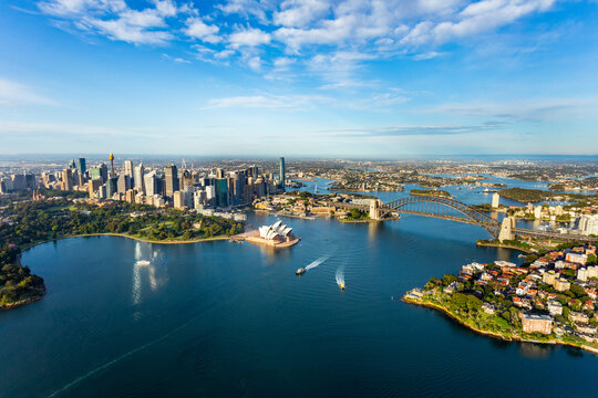 An aerial view over Sydney Harbour taken in the early morning