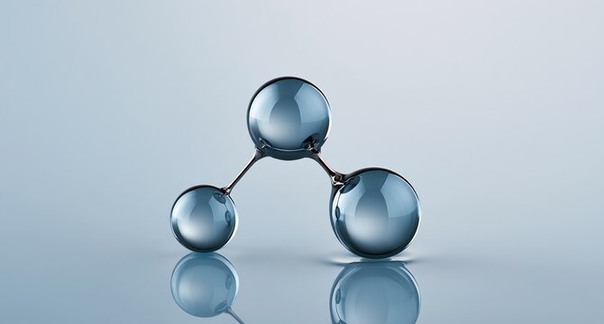 Glossy glass sphere water molecule atomic structure model with reflection on light blue background scientific chemistry biology research laboratory education concept