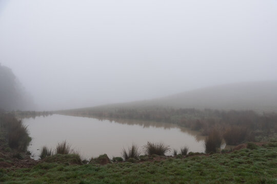 A natural water source in a misty rural setting