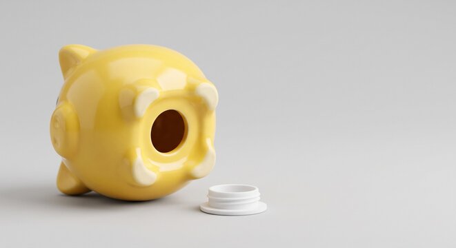 Empty yellow piggy bank lying upside down with removed cap on light gray background, showing financial crisis.