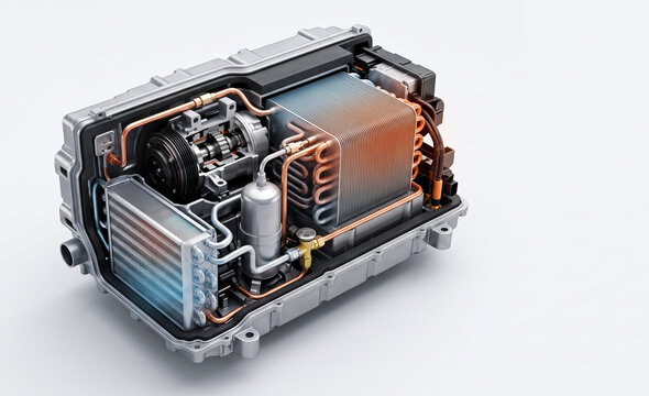 3D Cross-Section of an Electric Vehicle Heat Pump Module Revealing Internal Thermal Management Components