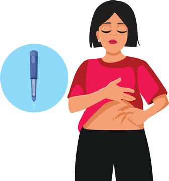 Sad Woman Injecting Weight Loss Medication Vector Illustration. Unhappy lady pinches stomach skin preparing medical auto injector pen vector illustration 
