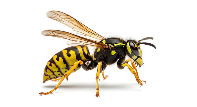 Yellow and black striped wasp flying