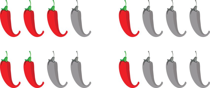 Spicy Red Hot Chili Pepper Scale Vector For Restaurant Menu. Spiciness level indicator showing multiple colored chili peppers symbols inside graphic design template 

