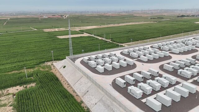 Aerial view of battery energy storage station in rural fields