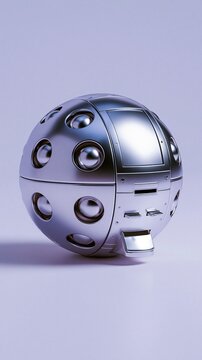 Shiny silver chrome spherical futuristic robotic droid with circular openings on light purple background sci-fi modern technological mechanical object