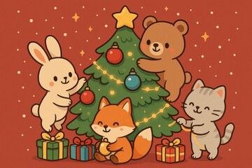 Fototapeta premium Cute animals celebrate Christmas joyfully.