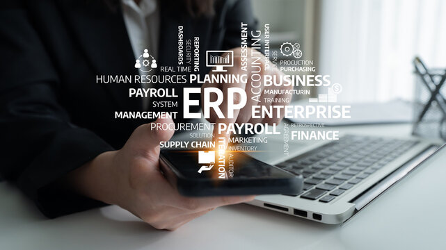 A business professional interacts with a mobile device, surrounded by key ERP concepts, highlighting the importance of technology in modern corporate management. Tessel