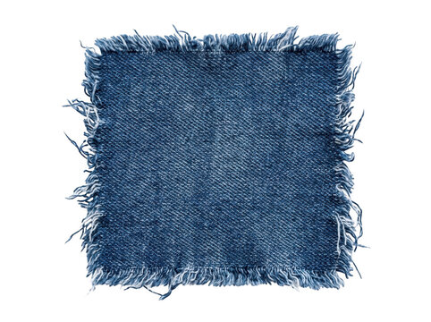 Frayed denim fabric square showcases distressed texture against neutral background.