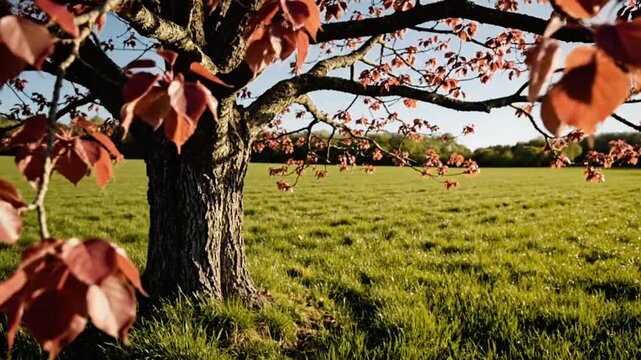 Beautiful Pink Leaf Tree Standing Alone in Lush Green Field.