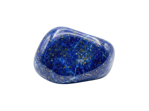 Polished blue lapis lazuli stone with natural veining resting on plain transparent surface.