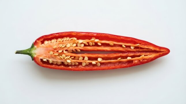 A fresh red chili pepper cut in half lengthwise, revealing the seeds inside, isolated on white background