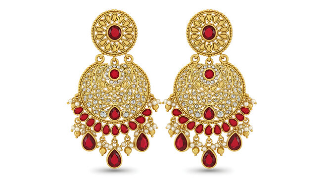 Traditional gold and red earrings with stones