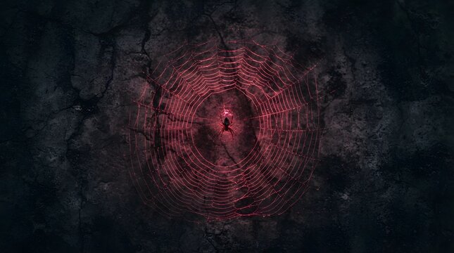 A single spider sitting in the center of a glowing red spider web against a dark, textured, cracked concrete background