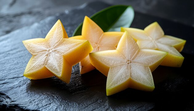 Sliced star fruit on dark slate with fresh green leaves
