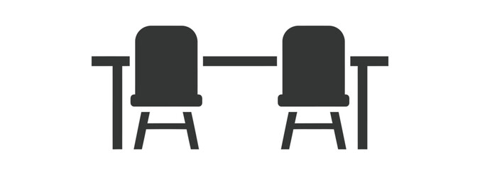 Fototapeta premium Simple furniture icon showing two chairs positioned at table surface isolated on white background representing dining room setting or corporate meeting space.