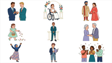 Fototapeta premium Inclusive Wedding and Celebration Flat Vector Character Set for Event and Lifestyle Brands