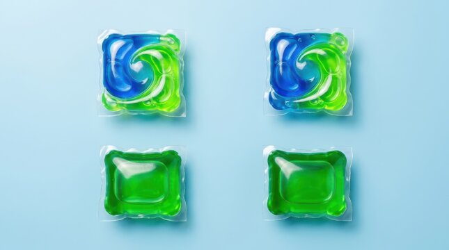 Four laundry detergent pods in blue and green colors arranged on a solid light blue background