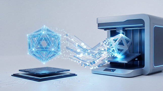 Advanced 3D printer manufacturing a geometric object from a holographic digital twin connected to a microchip base on a clean tech background.
