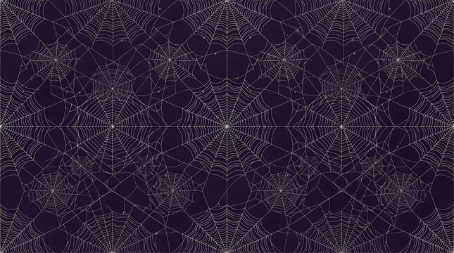 A seamless pattern of multiple intricate spider webs arranged in a geometric grid against a dark purple background