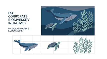 Fototapeta premium ESG Corporate Biodiversity Initiatives, Marine Ecosystem Vector, Whale and Turtle Icons