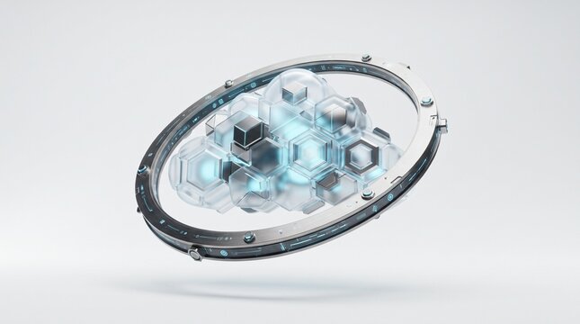 Futuristic cloud computing icon with glass hexagons. Digital data storage concept. High-tech blue glowing network server on white background.