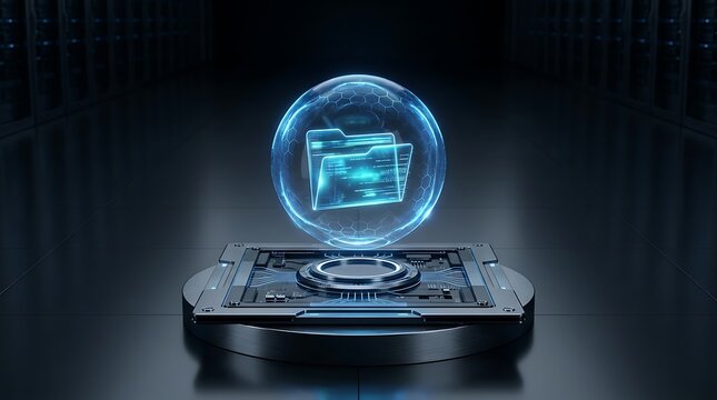 Blue glowing digital folder icon floating above a futuristic technology platform in a dark virtual environment