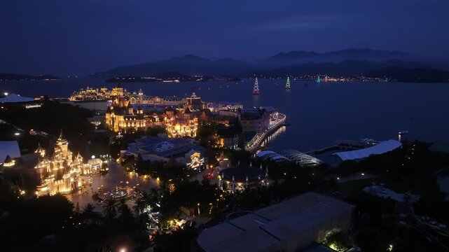 Aerial view of  Vinpearl Land in Nha Trang, Vietnam at night.