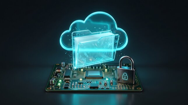 Glowing blue cloud folder icon with a digital padlock on a computer circuit board representing secure data storage