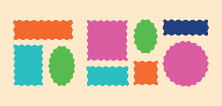 A vibrant collection of colorful decorative labels and tags featuring diverse shapes and zigzag edges
