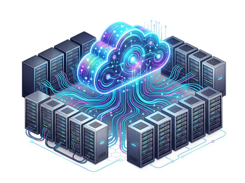 High tech cloud data storage mainframe server room vector graphic, glowing digital cloud connected to database servers