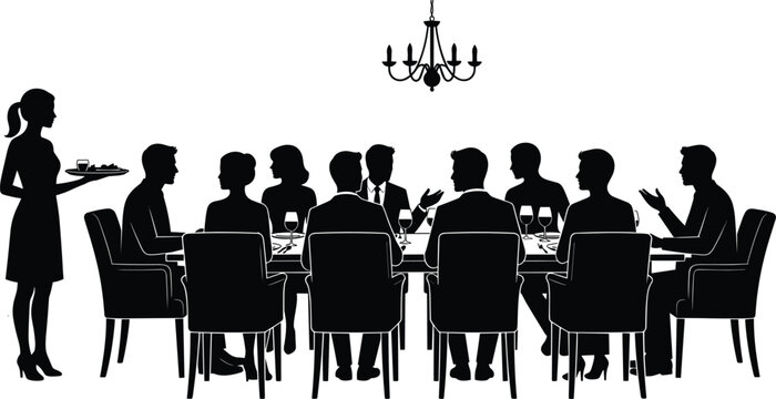 Fine dining banquet silhouette featuring people sitting at a long dinner table with a waitress serving food vector