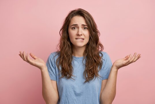 Confused Young Woman Shrugging Shoulders and Biting Lip Against Pink Background, Expressing Uncertainty and Doubt.