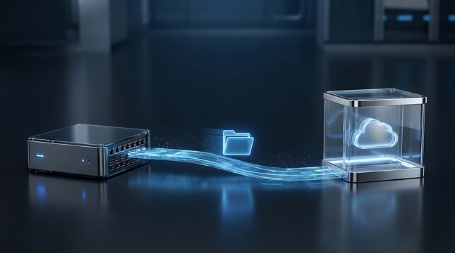 Computer server transferring a digital file folder to a glowing cloud storage box in a modern technology environment