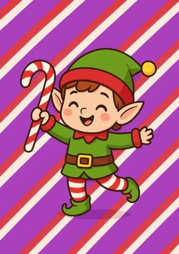 Cheerful elf with candy cane.