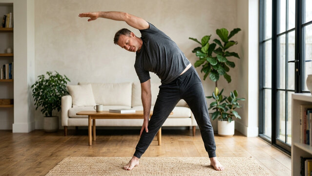 A mature man in activewear practices a triangle stretch position inside a cozy living room to improve his overall physical flexibility and balance while maintaining a healthy lifestyle every