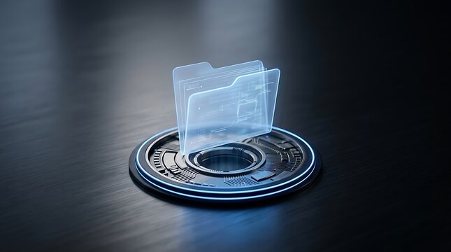 Digital folder icon glowing on a futuristic dark technology platform with cyber details and blue light effects