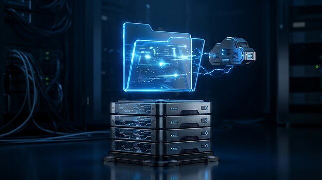Digital folder icon floating over a server rack showing cloud data storage and networking technology concept