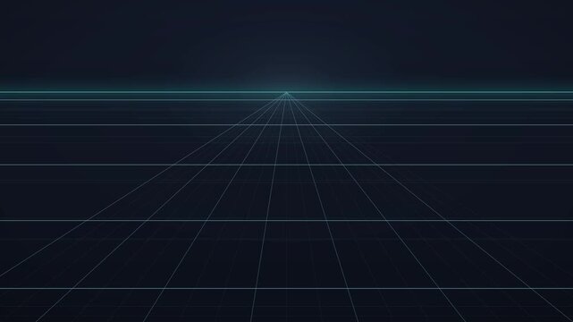 Futuristic perspective wireframe grid extending toward a glowing horizon on a dark background. Perfect for synthwave, retro-tech, and sci-fi video projects.
