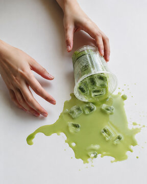 A cup of iced matcha green tea spilled on a white surface with hands reaching out
